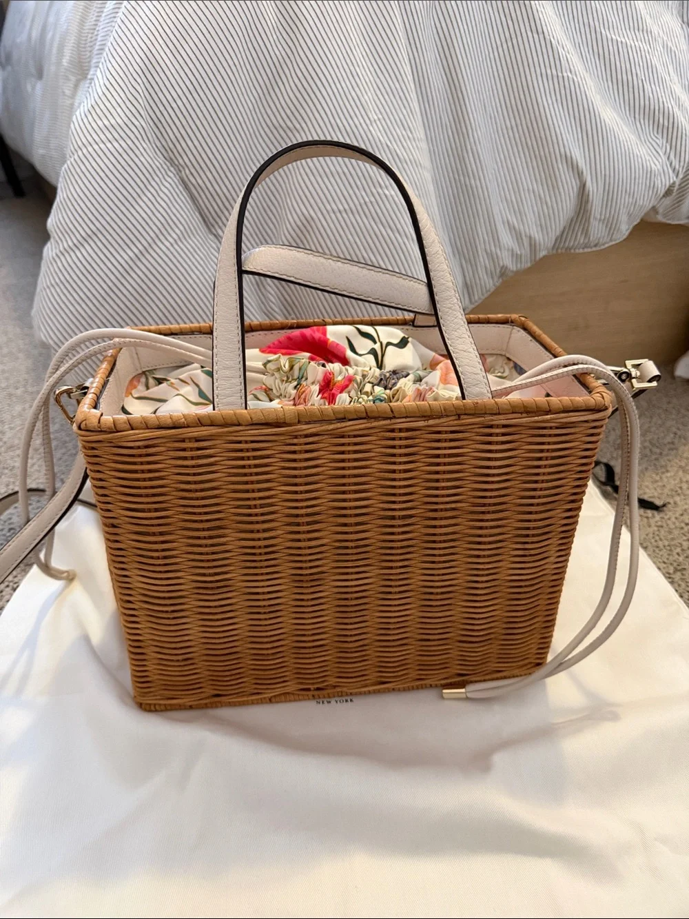 kate spade Sam Wicker Basket Bag with Cream Trim and Floral Interior - Picture 5 of 10